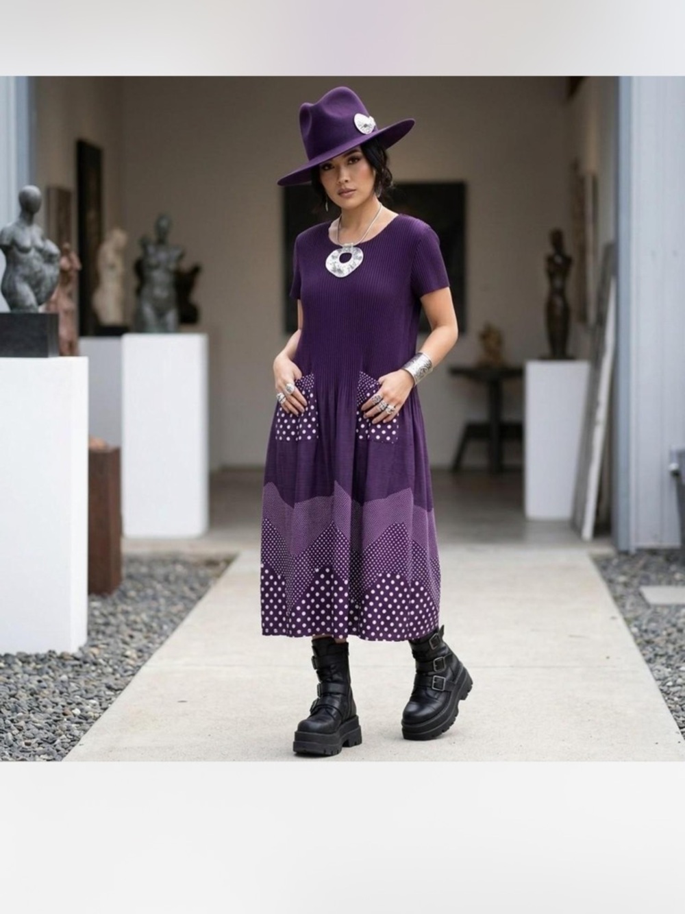 Purple Midi Knit Dress with Gradient Polka Dot Detail